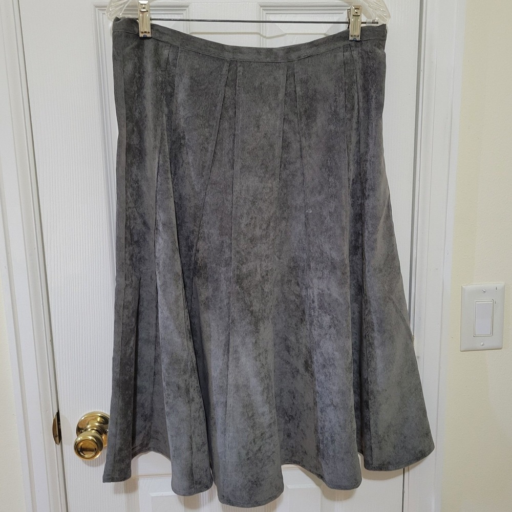 Gray Corduroy A-Line Midi Skirt Size 10 Side Zip Flare Preppy